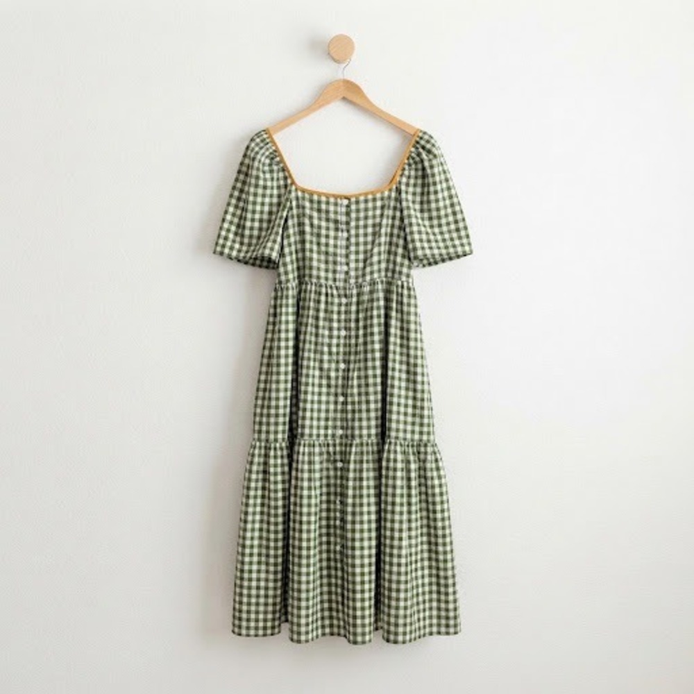 Things Between Green Gingham Cottagecore Tiered Midi Dress L Picnic Clean Girl